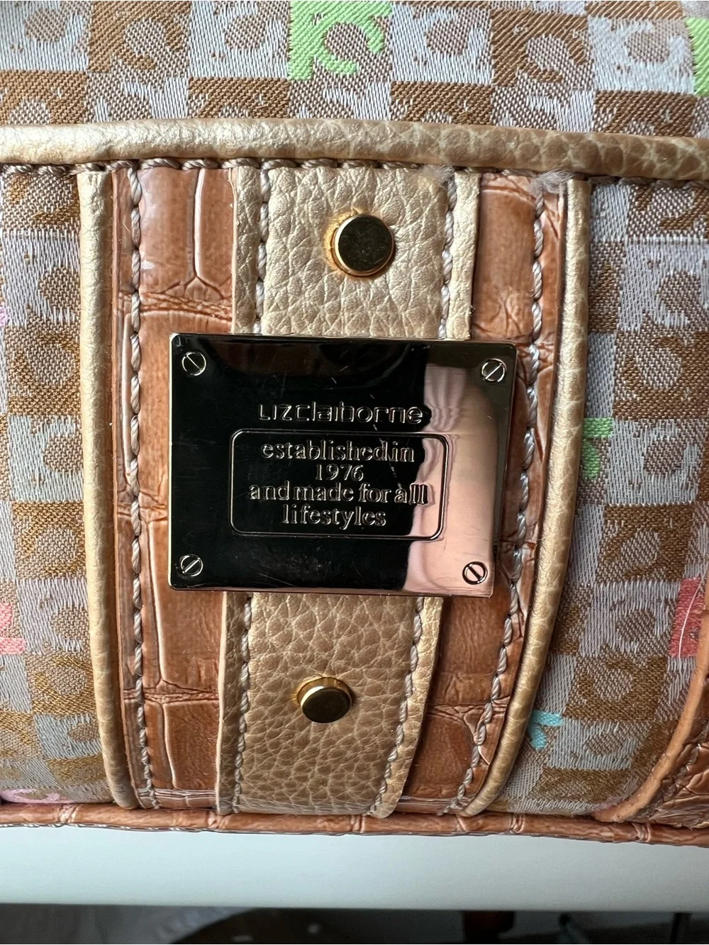 Liz Claiborne Multicolor Monogram Satchel with Tan Trim